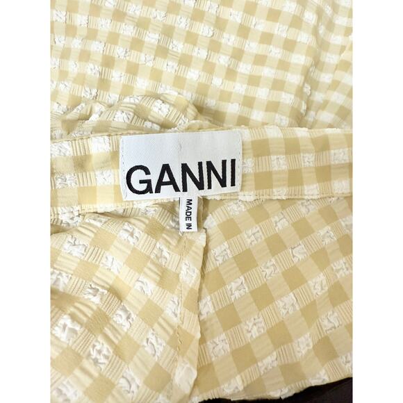 Ganni Gingham Check-Print Ruffled Mini Dress Beige Yellow Women's Size 40 US 8 - Picture 5 of 5
